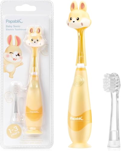 Papablic Toddler Sonic Electric Toothbrush Kids for Ages 13 Years Baby Electric Toothbrush with Cute Rabbit Cover and Smart LED Timer 2 Brush Heads Bunny
